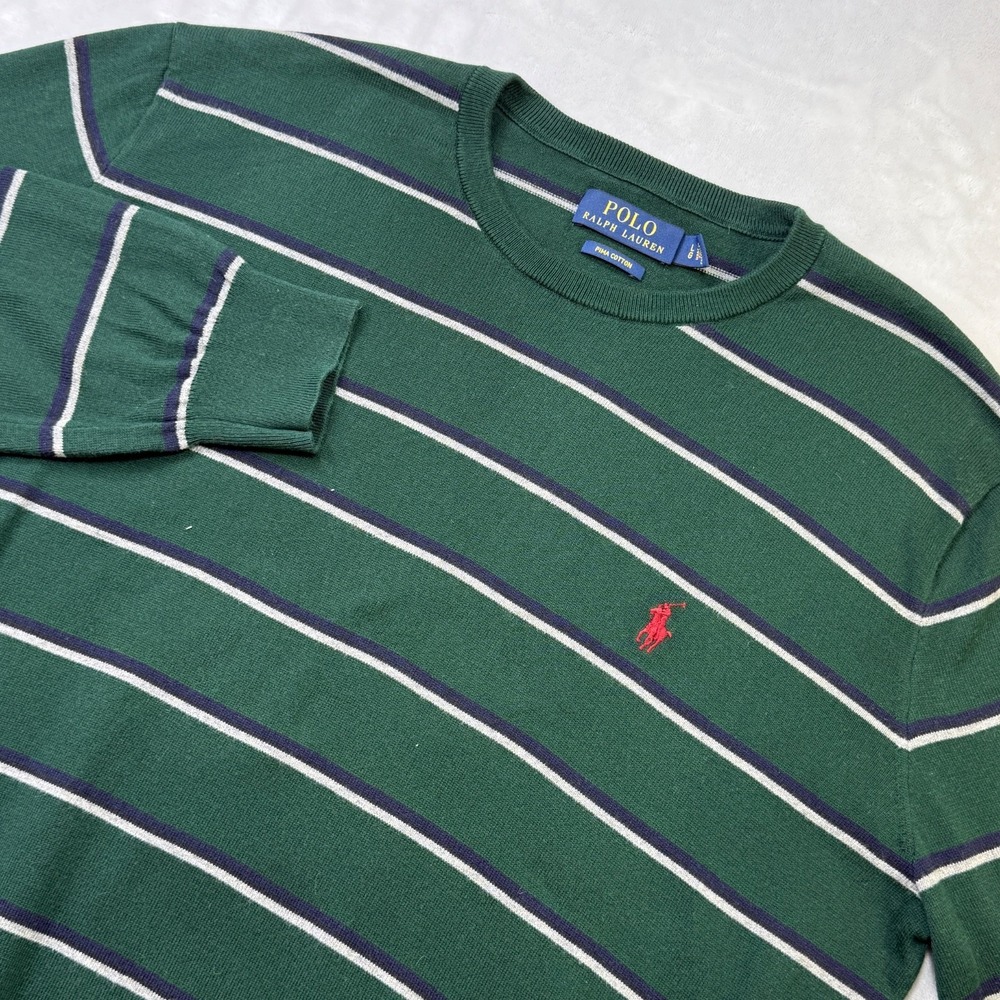 Polo Ralph Lauren Mens Large Green Striped Pima Cotton Sweater Crewneck